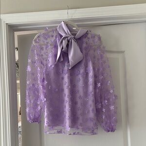 Lavender Sheer Floral Blouse with Bow